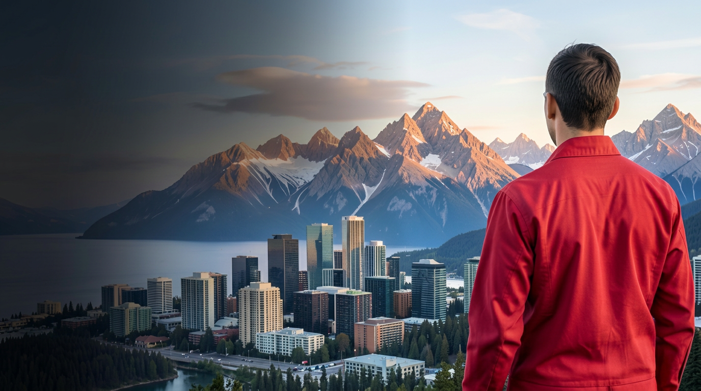 Canadian worker overlooking a city and the Rocky Mountains